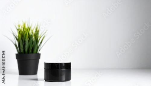 Matte Black Cosmetic Jar Beside Small Plant Pot Against White Backdrop With Studio Lighting