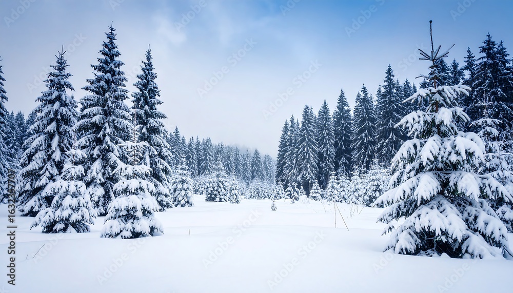 Naklejka premium Serene winter landscape featuring snow-covered fir trees in a tranquil forest setting