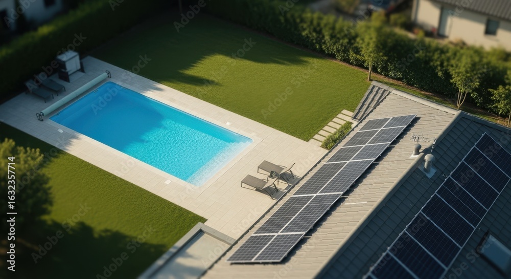 Fototapeta premium Aerial perspective of a sustainable home equipped with solar panels blue pool and wellkept yard.