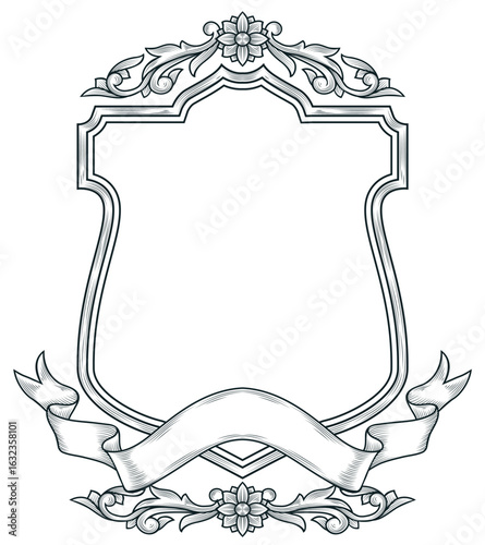 Engraved Heraldic Shield with Ornamental Details and Ribbon Banner
