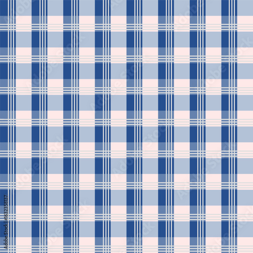 seamless plaid pattern features a checkerboard pattern.
The contrasting tones of blue and white create a bright and modern look. It's commonly used in textiles such as shirts, skirts, scarves