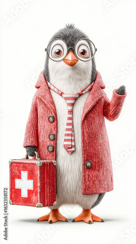 A cartoon penguin doctor providing first aid with a medical kit in a whimsical and playful scene.