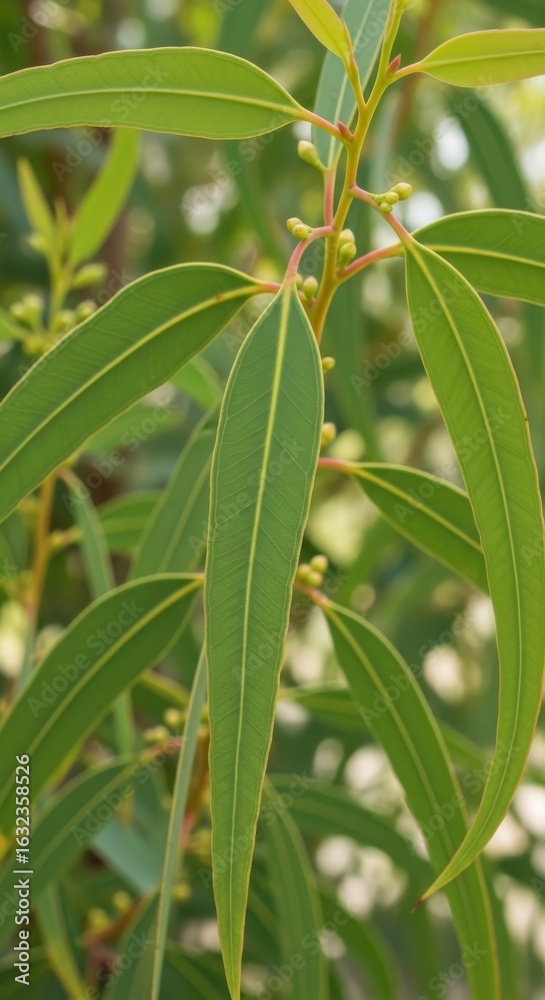 Fototapeta premium Eucalyptus foliage reveals delicate venation in soft daylight outdoor, fresh leaves