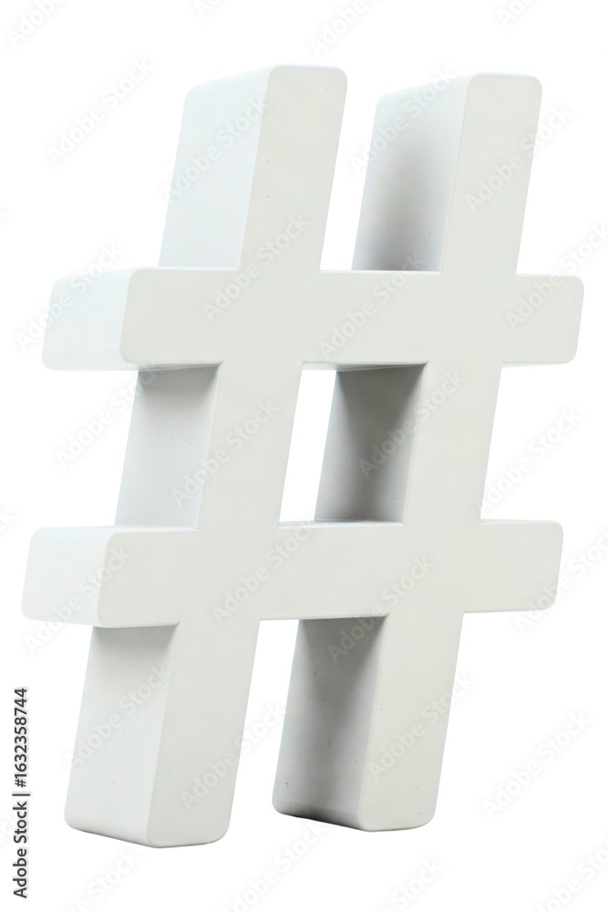 Obraz premium White three-dimensional hashtag symbol for social media concept isolated on a transparent background