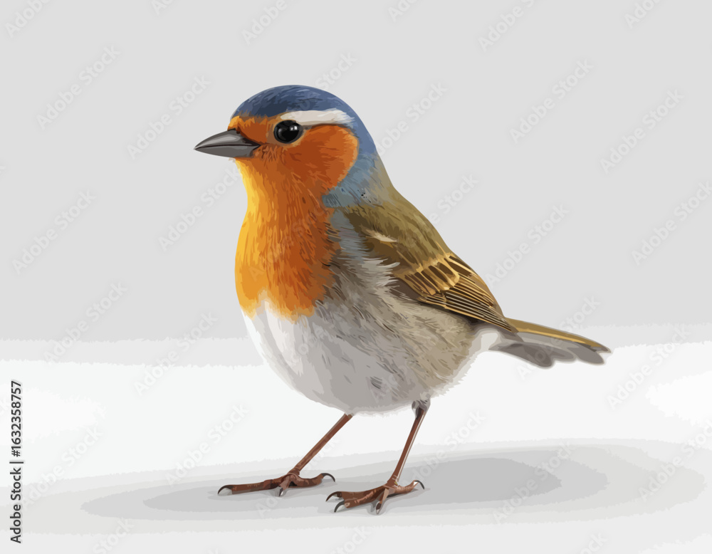 Fototapeta premium Bueautiful small bird vector with gray background. A high-quality, professional vector features a detailed figurine of a cartoonish blue and white bird. 