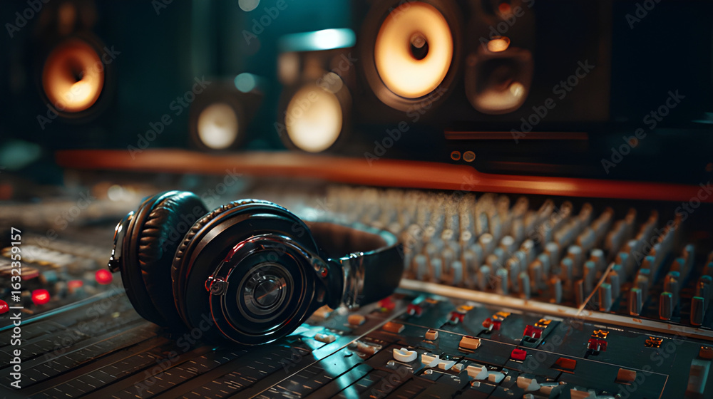Naklejka premium Headphones on mixing board turntable. Audio post production mixing desk. Professional recording mixing board audio faders with loudspeakers