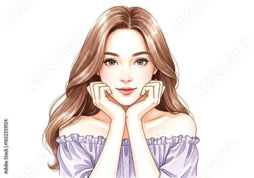 Beautiful young woman with long wavy brown hair isolated on white background