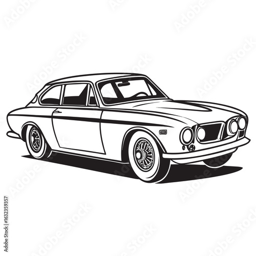 Illustration of a classic car with detailed wheels and sleek body design in black and white style