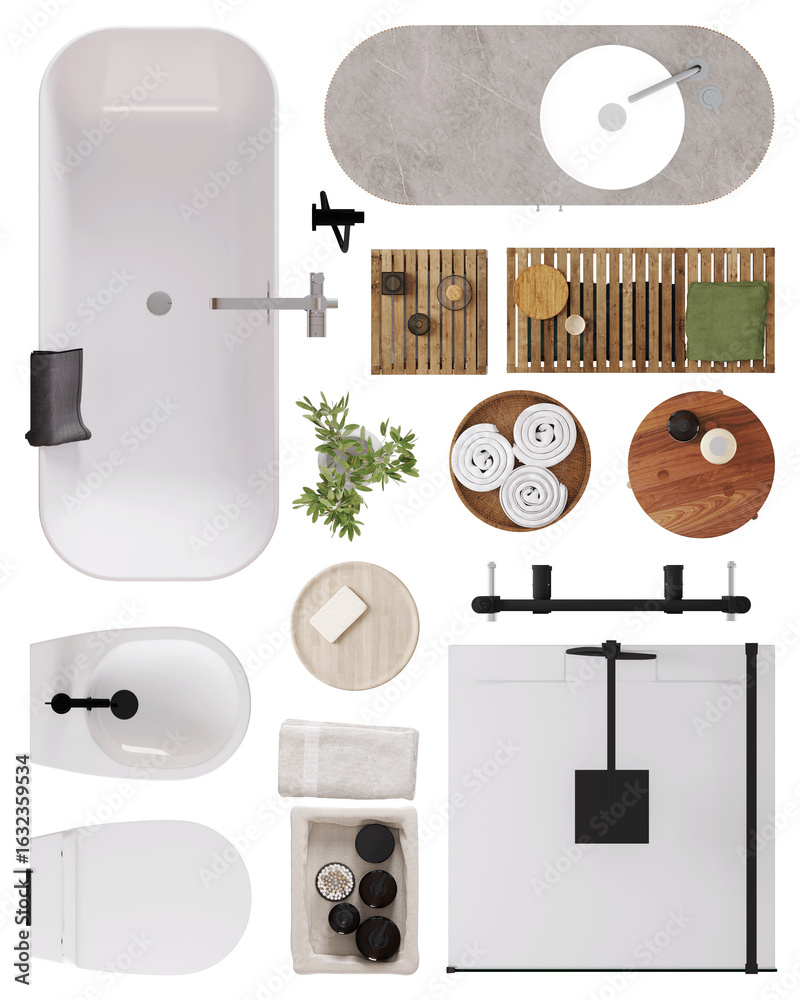 Fototapeta premium Bathroom Furniture Set – Top View PNG for Interior Planning