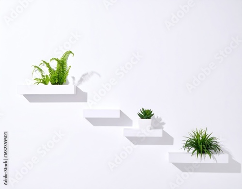 Minimalist White Staircase Shelves with Green Plants Against a White Wall Creating Modern Design with Hard Shadows