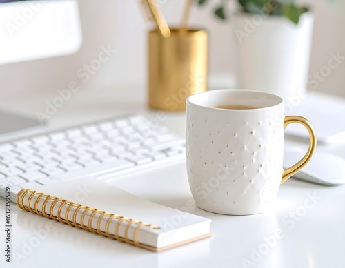 Minimalist White Workspace With Beige Desk Keyboard Notebook And Golden Accents