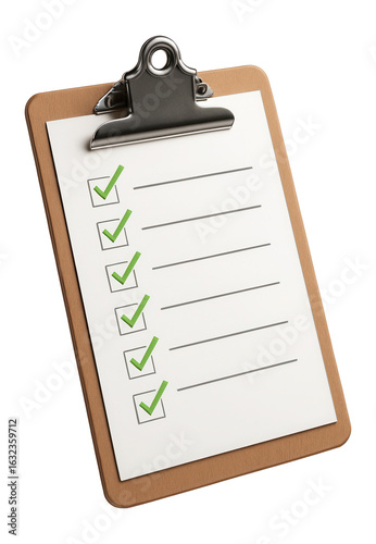 A clipboard with a checklist displaying several green checkmarks indicating tasks completed, on transparent background.