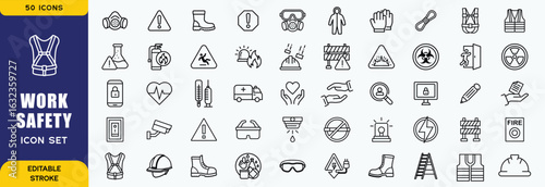 Work safety Outline Vector Icon Collection. A set of outline icons related to Insurance, Fire exit, Notification, Safety signs, Overalls and more. Editable stroke. Vector illustration
