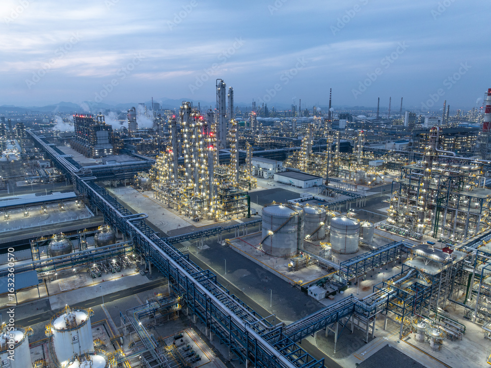 Fototapeta premium areial view oil refinery at night