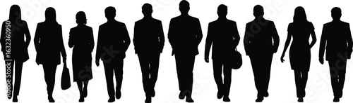 Professional business team walking forward, diverse group of executives, corporate leaders in silhouette, t