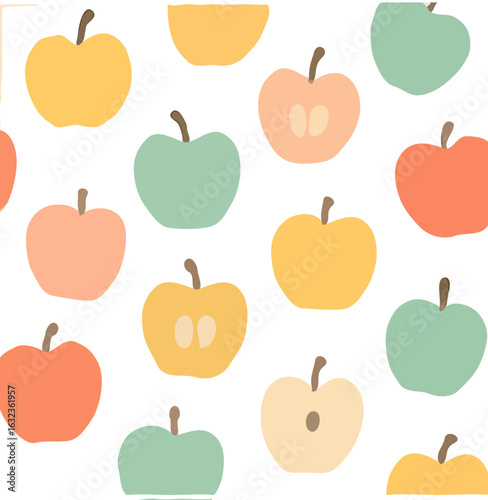 Colorful, stylized illustration featuring an assortment of apples in various colors and arrangements.