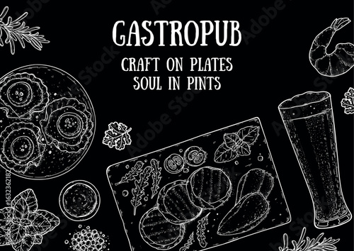 Gastropub menu. Pub food and beer. Hand drawn vector illustration. Food and drink sketch. Top view. Hand drawn food collection for gastropub or pub menu design. Beer and snacks