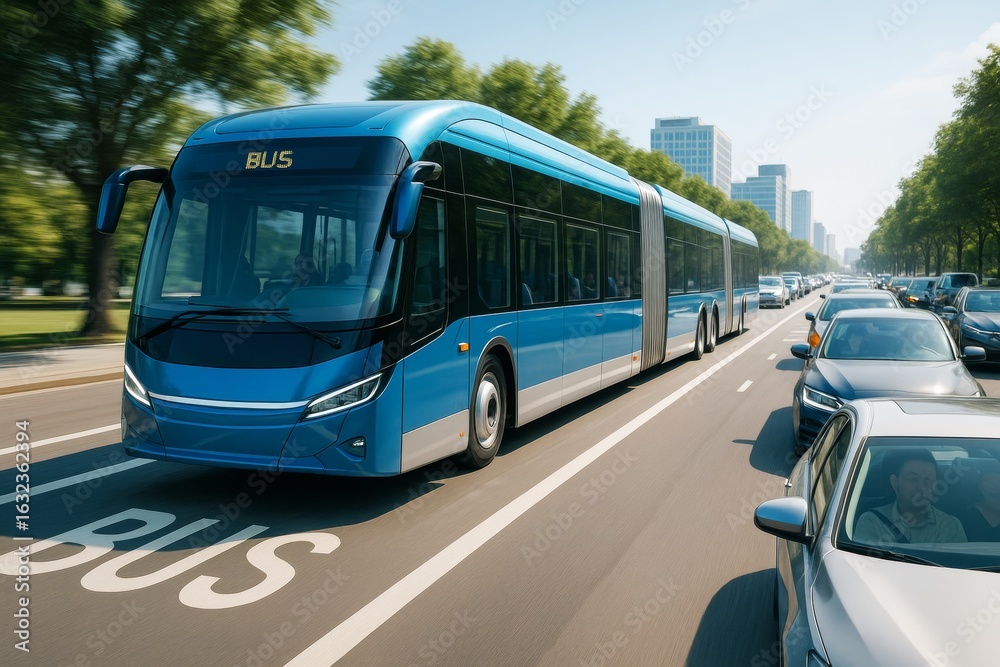 Fototapeta premium Futuristic articulated electric bus in dedicated lane passing traffic on urban street with green trees and modern buildings in background. Ai generative