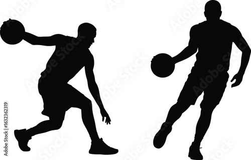 Silhouette of basketball players, dribbling, passing, dynamic action, sports illustration, athlete motion, competition, teamwork, energy, game, movement, design
