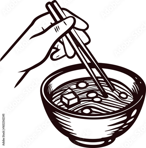 Hand using chopsticks to eat noodles from bowl with tofu and vegetables vintage engraved black and white illustration
