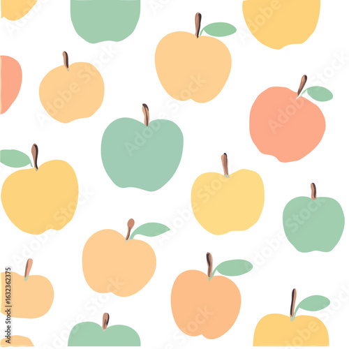 Colorful apples in a seamless pattern, featuring pastel shades of yellow, green, and orange on a white background.