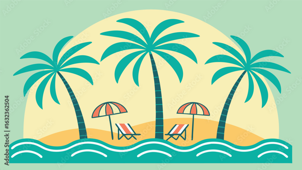 Fototapeta premium A tropical island beach with palm trees and sun, perfect for a summer vacation