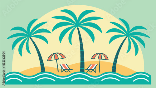 A tropical island beach with palm trees and sun, perfect for a summer vacation