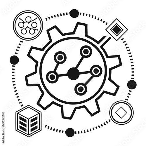 Abstract Gear Network:  Modern Connectivity, System Integration, and Data Flow Concept Illustration.