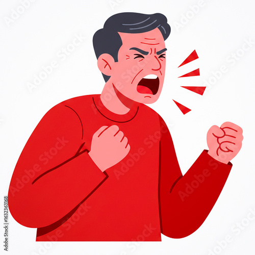 Frustrated man yelling – cartoon character in red shirt with clenched fists
