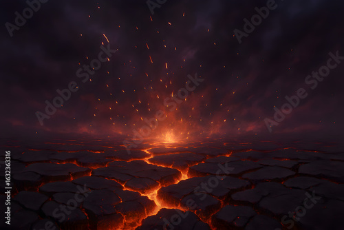 Molten Lava Cracks with Fiery Sparks Dramatic Volcanic Eruption