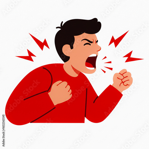 Angry young man shouting – cartoon character in red shirt with clenched fists