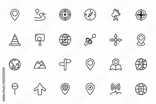 A clean and elegant vector bundle capturing essential geolocation and GPS symbols in smooth one-line illustrations. Ideal for apps, infographics, UI/UX, and map-based designs.