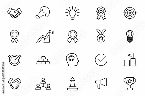 This refined set of line icons captures the elements of business success in a minimalist and clean style. Perfect for presentations, career websites, and startup branding.