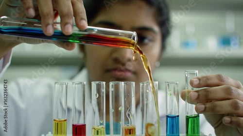 Young Female Scientist Pouring Colorful Liquid into Test Tubes in Laboratory Experiment