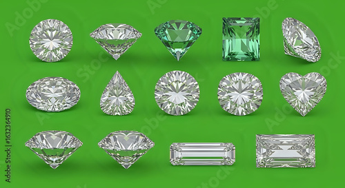 A collection of fifteen cut gemstones in various shapes on a green background surface view
