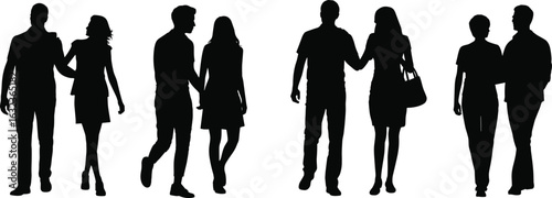 Silhouette of couples walking, holding hands, romantic stroll, love, unity, bonding, evening light, peaceful moment, relationship, togetherness, outdoor