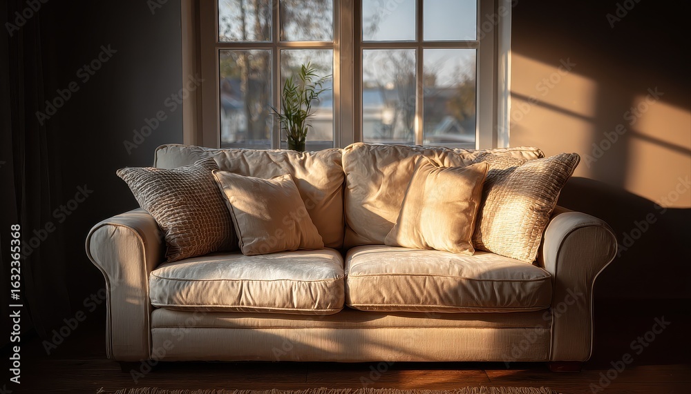 Fototapeta premium Cozy living room featuring a modern sofa adorned with neutral-toned decorative pillows creating a warm and inviting atmosphere for relaxation