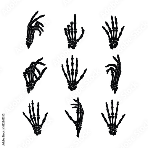 Collection of skeleton hands showing various gestures. Set of nine black silhouette illustrations of human bone hands for anatomy or Halloween.
