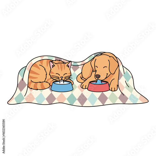 Cat and dog sharing a cozy blanket with food bowls. Adorable cat and friendly dog relaxing together under decorative blanket, enjoying their meals.