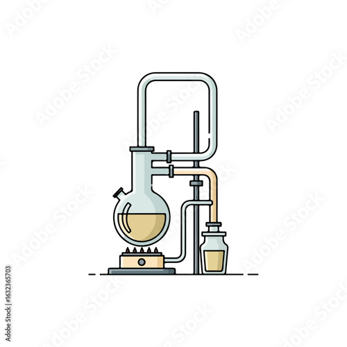 Distillation device illustration depicting scientific transformation process with glass equipment and liquid samples.