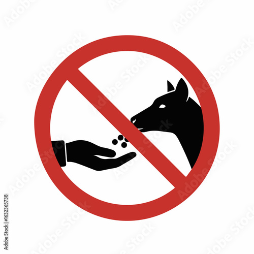 Prohibition sign against feeding animals with hand illustration, showing a hand offering food to a horse in a no-entry sign.