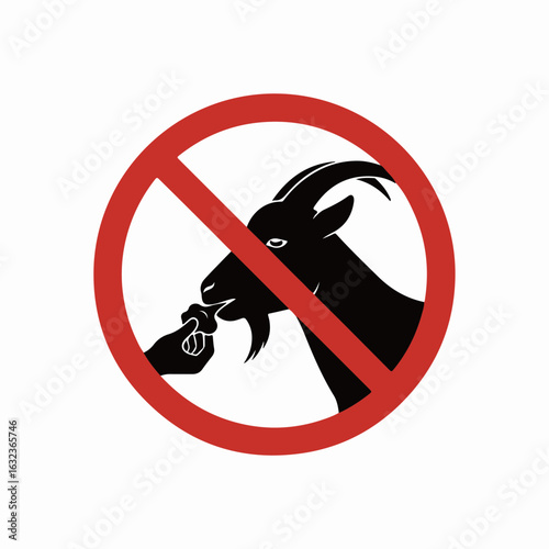 Prohibition sign against feeding goats with hand gesture showing restriction. No feeding goats symbol used in public spaces to alert visitors. Concept of animal welfare and safety around livestock.