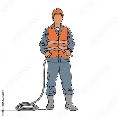 Drain cleaning worker with hose in bright vest and helmet standing confidently. Drain cleaning worker prepares for city service tasks with essential tools.