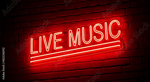 A glowing red neon sign displaying the words live music mounted on a brick textured wall surface