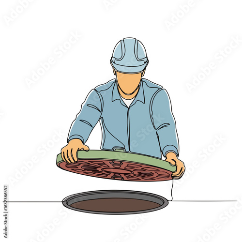 Man opening manhole cover for street maintenance by city worker in work uniform. Urban worker safely lifts cover to check utilities.