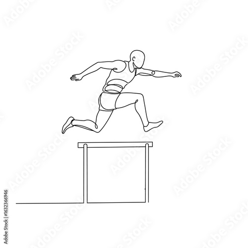 A continuous single line drawing of an athlete jumping over a hurdle during a race.