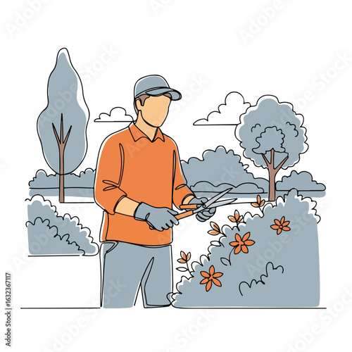 Park gardener trimming bushes with shears. City worker in orange shirt and gray pants maintains urban landscaping.  Public service employee performs street maintenance,