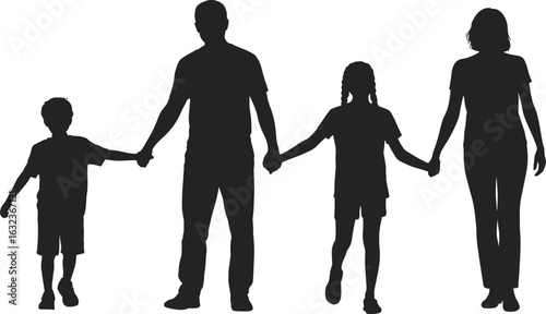 Silhouette of family holding hands, father, mother, son, daughter, unity, love, bond, support, harmony, protection, care, connection, values