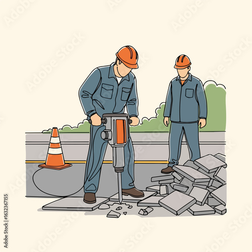 City worker using jackhammer for street maintenance. Municipal worker team repairs urban infrastructure.  Public service crew performs pavement repair work.
