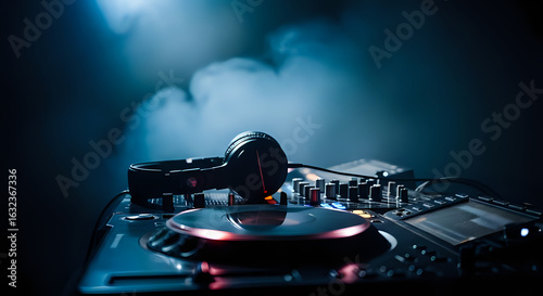 Close up of dj mixer with headphones on top in a dark and smoky atmosphere with blue lighting